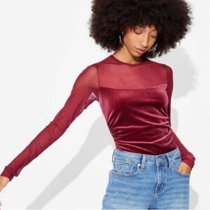 Wild Fable Women's Long Sleeve Mesh to Velour Party Top Cherry Red Size XXS new